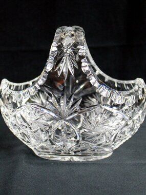 Vintage Irena Glass Co Hand Cut 24% Crystal Basket 6" Pinwheel and Fan Design